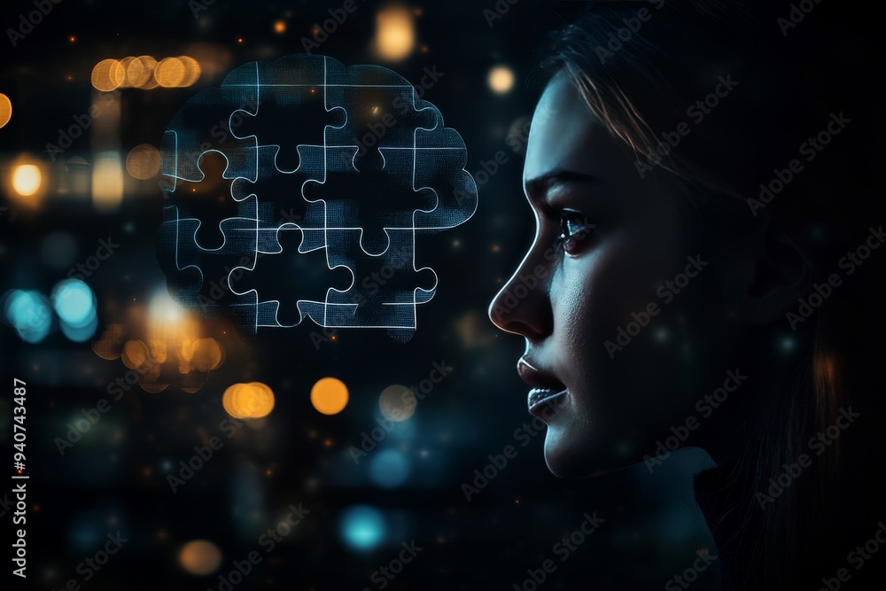 Poster surreal digital portrait of a woman with puzzle pieces and fragmented thoughts symbolizing mental he