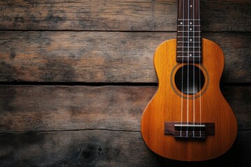 Obraz premium Close up of ukulele on old wooden background, Dark tone , ai