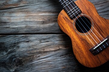 Fototapeta premium Close up of ukulele on old wooden background, Dark tone , ai