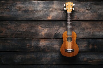 Close up of ukulele on old wooden background, Dark tone , ai