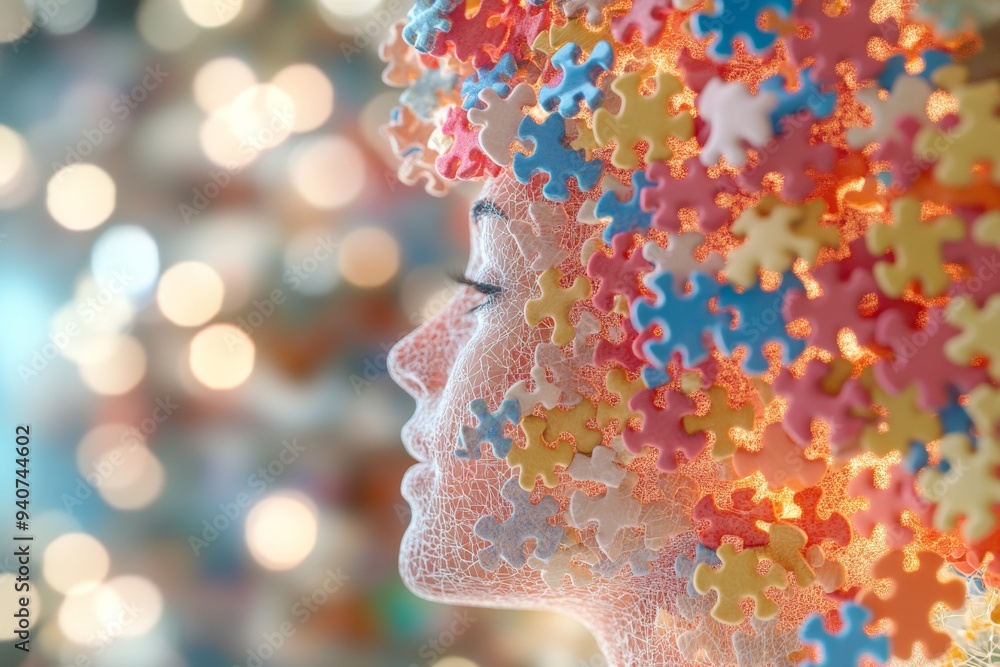 Aufkleber surreal portrait of a woman with colorful puzzle pieces forming her face symbolizing cognitive compl