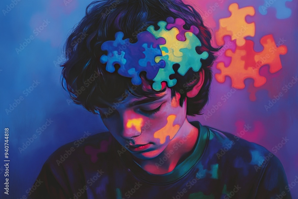 Aufkleber pop art inspired portrait of a young man with puzzle pieces symbolizing cognitive function mental he