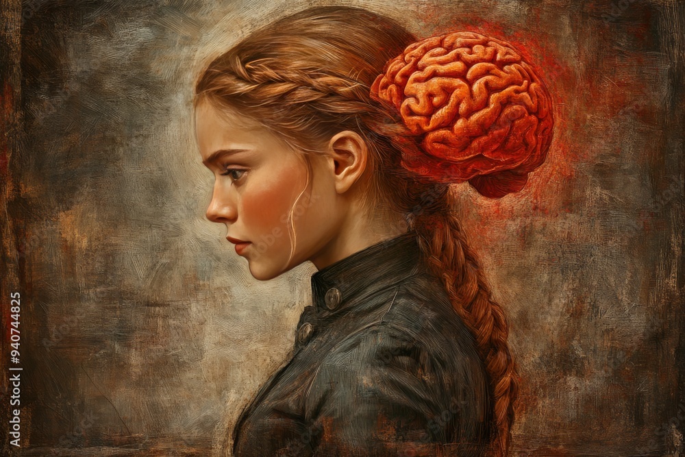 Poster surreal portrait of a woman with a brain graphic and autumnal elements symbolizing cognitive functio
