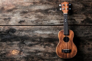 Fototapeta premium Close up of ukulele on old wooden background, Dark tone , ai