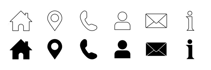 Business icons for corporate connections in flat and line models. Home, location, telephone, email, website and message card sign.