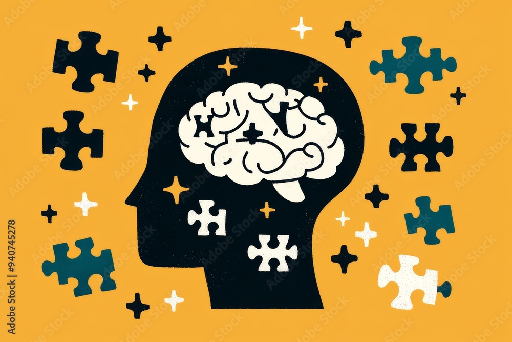 Poster minimalist vector illustration of a human head with puzzle pieces and brain graphic symbolizing cogn