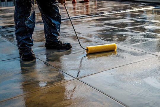 A worker applies sealant to a patio. This photo shows the process of sealing a concrete patio to protect it from the elements.