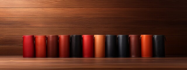  A row of three cups - one black, one orange, and one red - sit harmoniously atop a wooden table