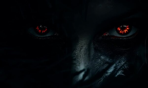 A scary halloween concept, scary with red eyes in dark forest, scary forest