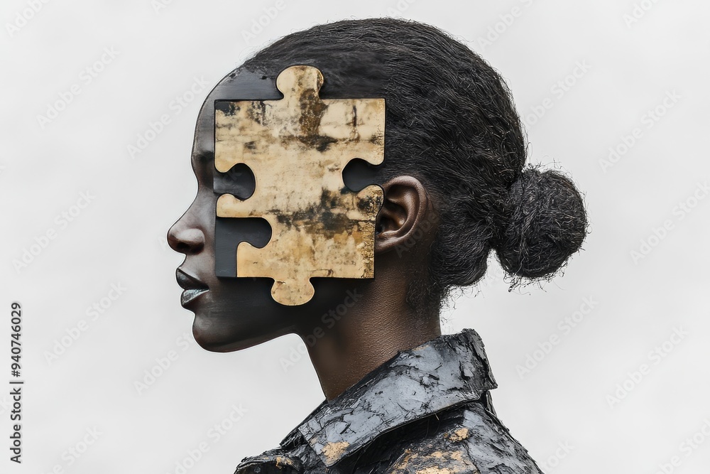 Poster surreal digital portrait of a woman with puzzle pieces symbolizing mental health cognitive function 
