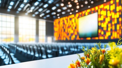 A modern conference hall with rows of chairs and a large screen, ready for a presentation. The room is decorated with flowers for a special occasion.