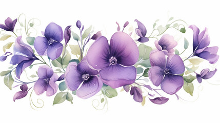 Fototapeta premium Watercolor_purple_flowers_and_green_leaves