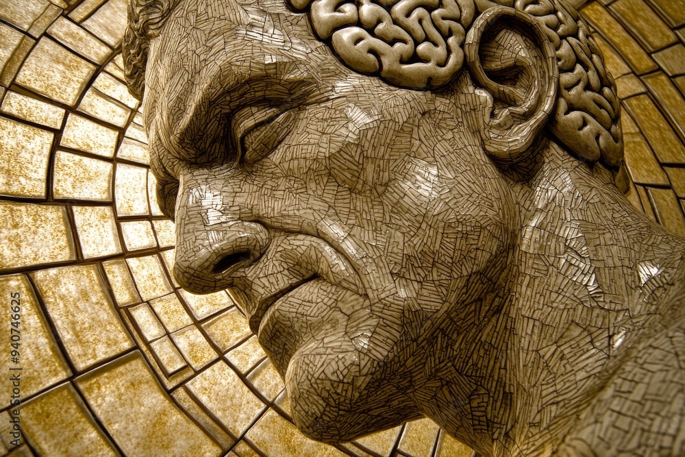 Poster surreal digital sculpture of a man with a brain graphic and mosaic patterns symbolizing cognitive fu