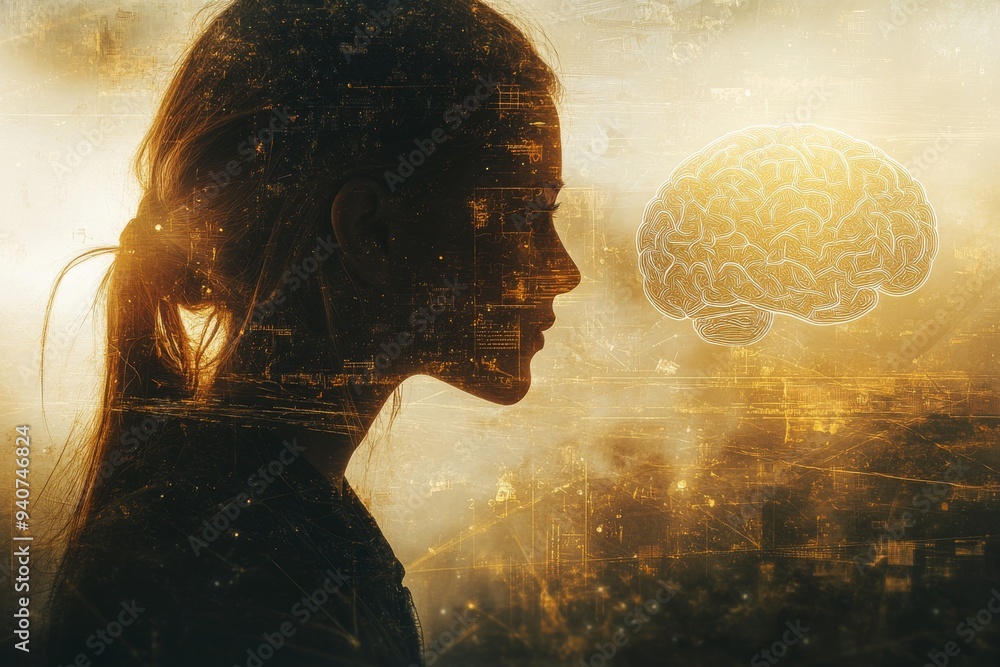 Aufkleber surreal digital portrait of a woman with a brain graphic and glowing neural connections symbolizing 