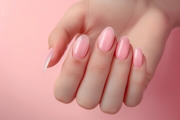 Female hand with pink nail design on pink background. Nail polish manicure.