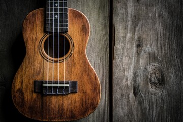 Fototapeta premium Close up of ukulele on old wooden background, Dark tone , ai