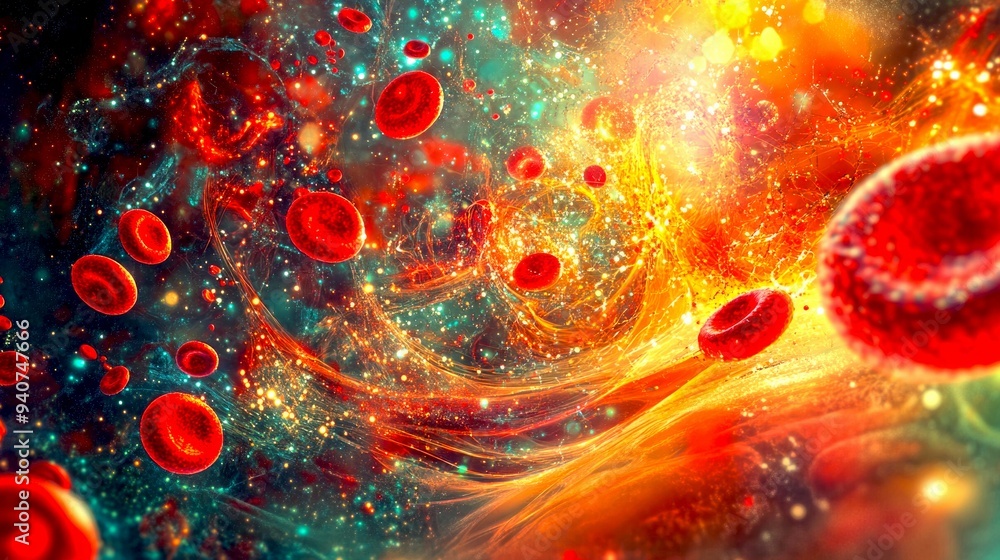 Aufkleber an abstract representation of blood cells flowing through a colorful cosmic environment. this image 