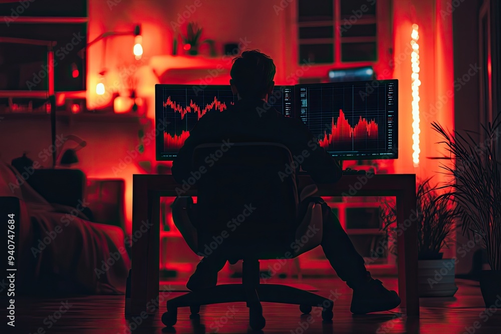 Poster silhouette of a person at a computer. this image represents the concept of online trading and workin