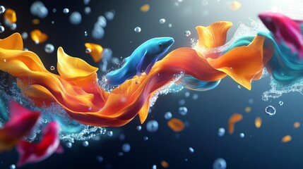 Abstract colorful ribbon-like shapes with water droplets on a dark background.