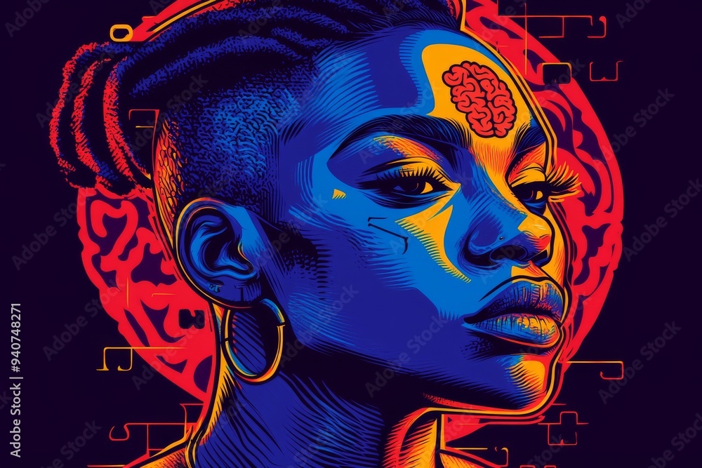 Poster abstract digital portrait of a woman with geometric patterns and bright colors symbolizing cognitive
