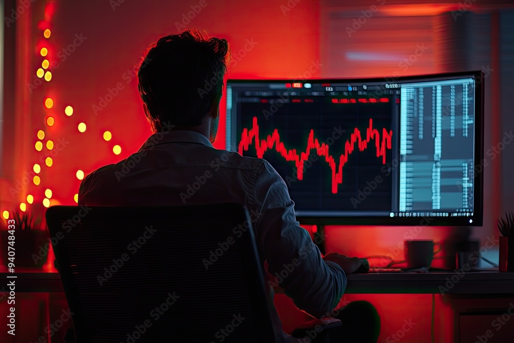Poster a man in a dark room looks at a computer screen with a red stock graph. this photo could represent t