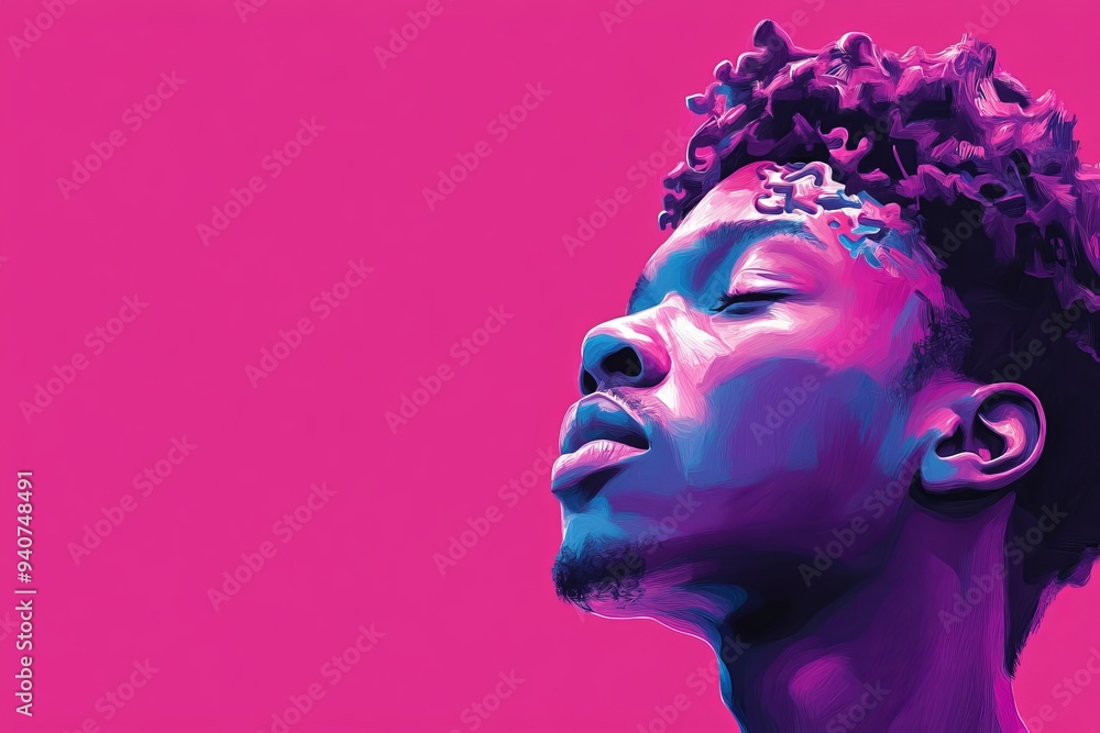 Poster vibrant digital portrait of a man with neon colors and abstract patterns symbolizing identity mental