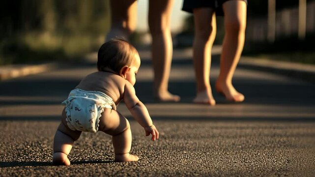 The kid is trying to follow his parents on the asphalt. The parents abandoned the baby. The child learns to walk, catches up with his parents. The first steps of a baby.