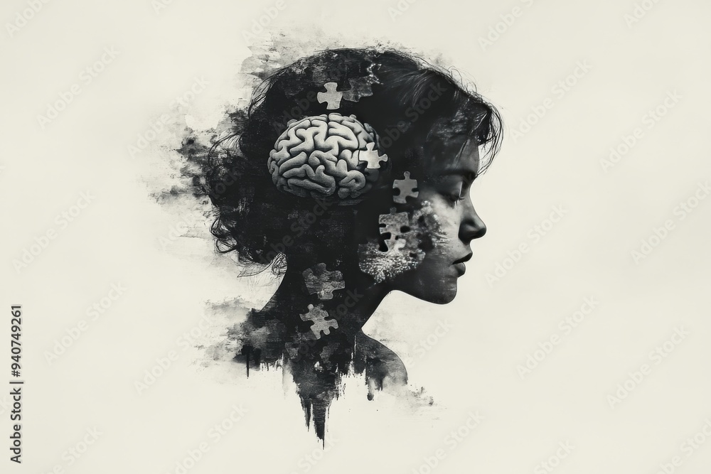 Poster surreal monochrome portrait of a woman with fragmented facial features symbolizing cognitive complex