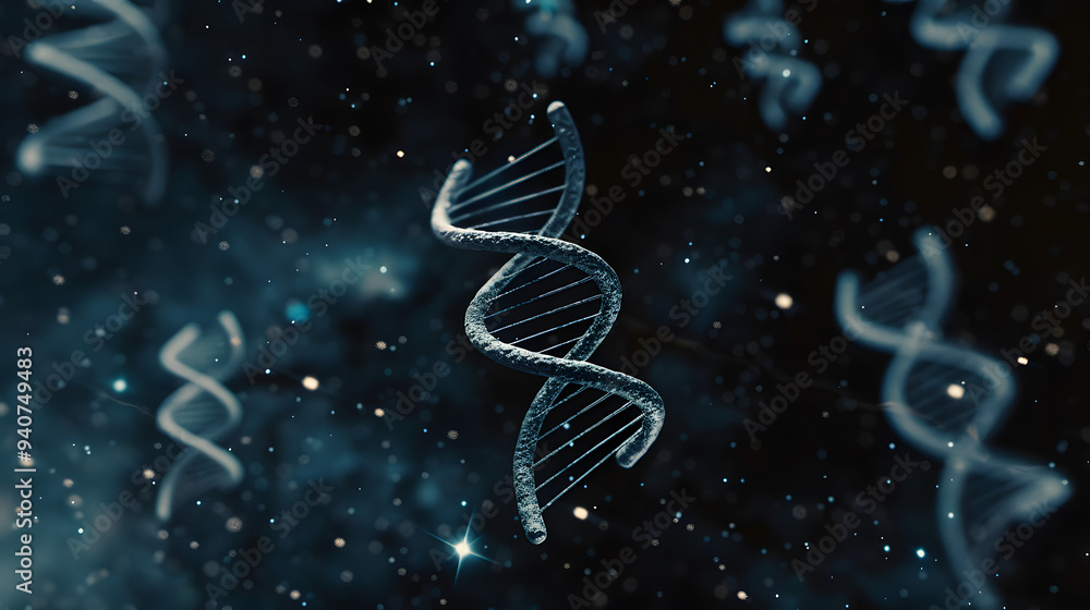 Aufkleber 3d model of dna double helix floating in space. blue and silver color scheme. starry background.