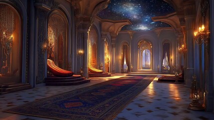 Mystical Royal Palace Interior with Flying Carpets and Starry Night Ceilings