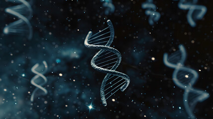 Obraz premium 3D model of DNA double helix floating in space. Blue and silver color scheme. Starry background. 