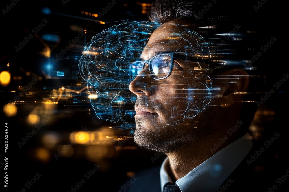 Poster Futuristic digital portrait of a man with a glowing brain and neural connections symbolizing intelligence cognitive function and technological integration in a high tech design
