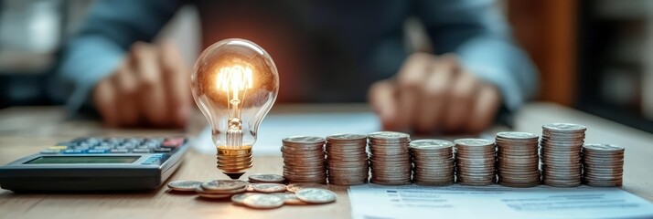 Obraz premium A businessman holds a light bulb next to stacks of coins, symbolizing savings on electricity