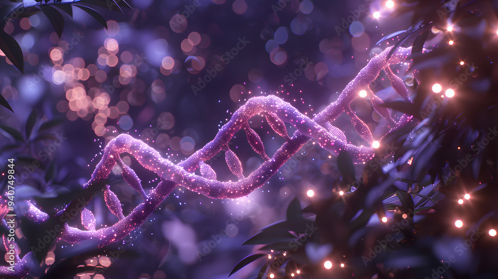Poster 3d render of double helix dna. pink and purple color theme. background with bokeh lights