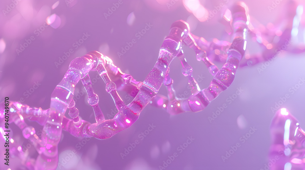 Poster 3d render of double helix dna. pink and purple color theme. background with bokeh lights