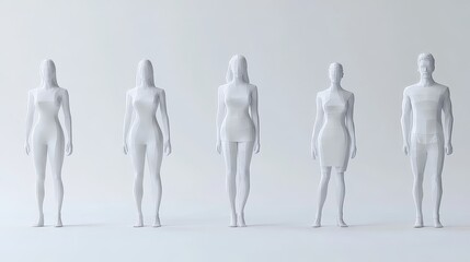 Five white mannequins stand in a row against a white background.