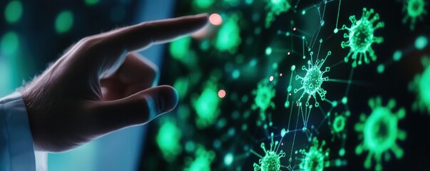 Finger pointing at a virtual screen displaying green virus particles, representing digital technology in medical research and microbiology. monkeypox
