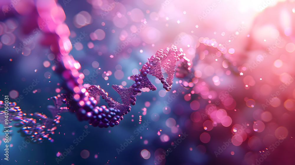 Poster 3d render of double helix dna. pink and purple color theme. background with bokeh lights