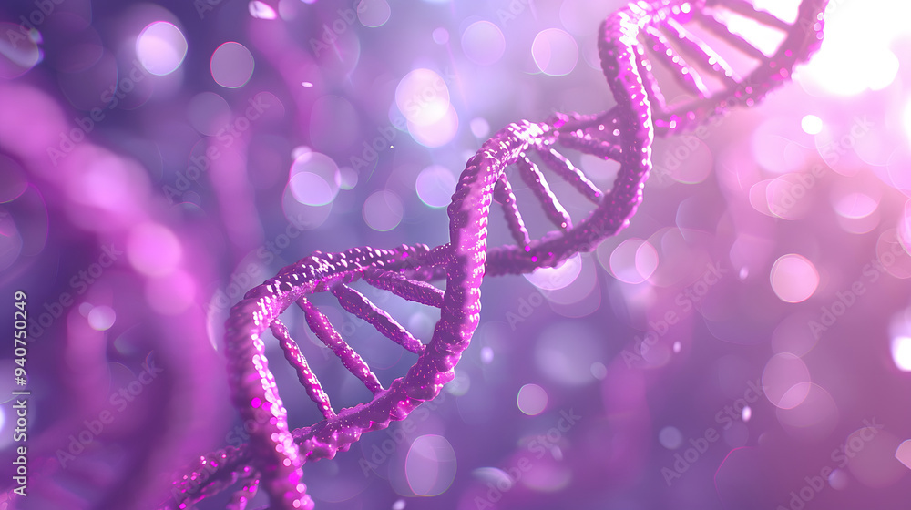 Poster 3d render of double helix dna. pink and purple color theme. background with bokeh lights
