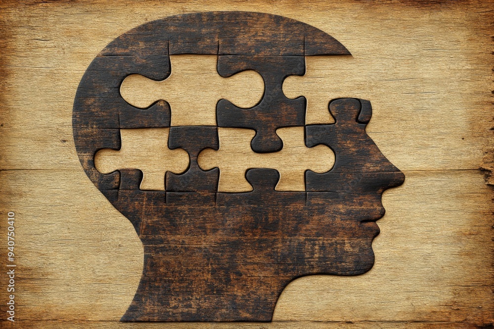 Poster rustic digital illustration of a human head with puzzle pieces symbolizing cognitive function mental