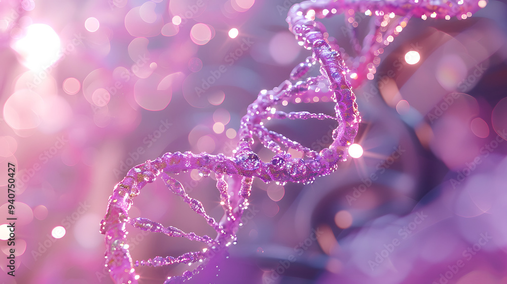 Poster 3d render of double helix dna. pink and purple color theme. background with bokeh lights