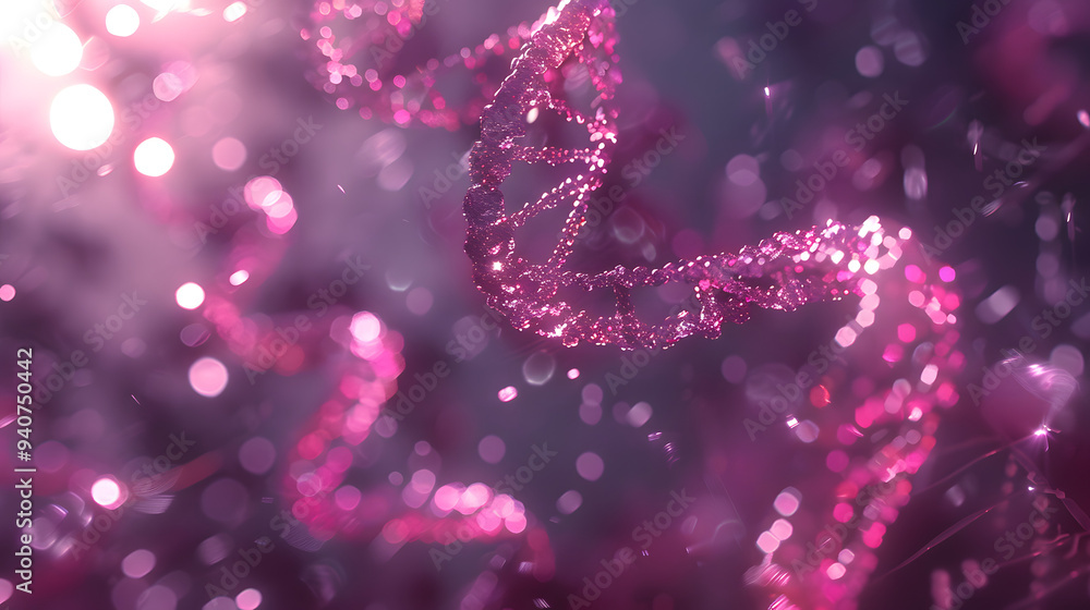 Poster 3d render of double helix dna. pink and purple color theme. background with bokeh lights