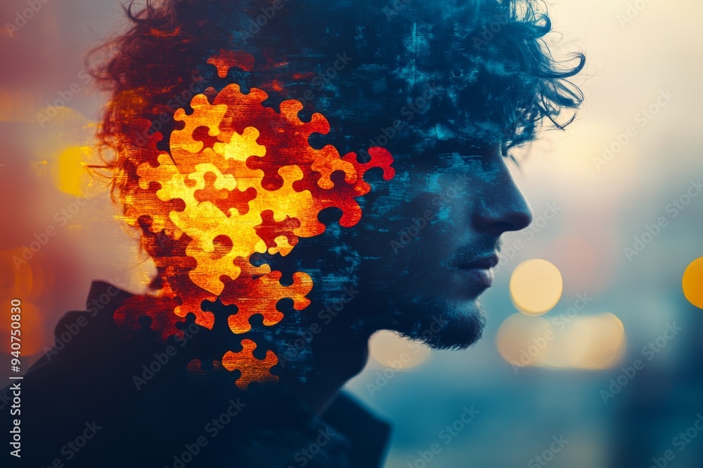Poster surreal digital portrait of a man with a glowing brain and puzzle pieces symbolizing cognitive compl