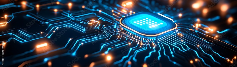 Aufkleber close-up of a glowing microchip on a circuit board, representing modern technology and advanced elec