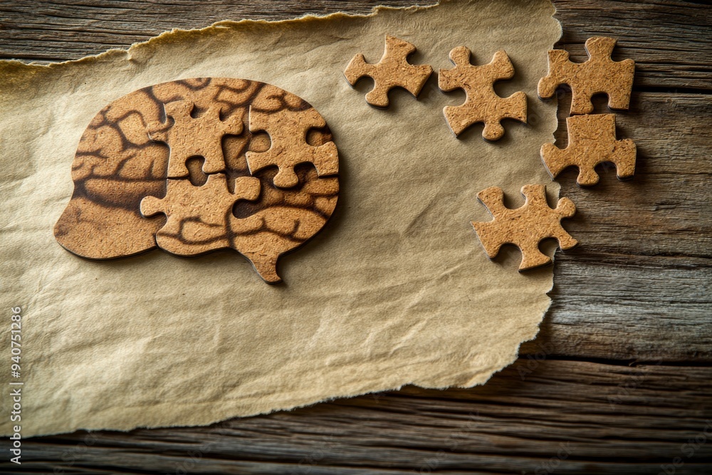 Poster rustic digital illustration of a human head with puzzle pieces and a brain graphic symbolizing cogni