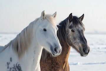 Fototapeta premium portret koni stojących na otwartym, zaśnieżonym polu 