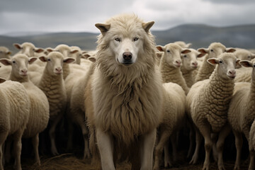 A wolf in sheep's clothing among a flock of sheep, conceptual photo.