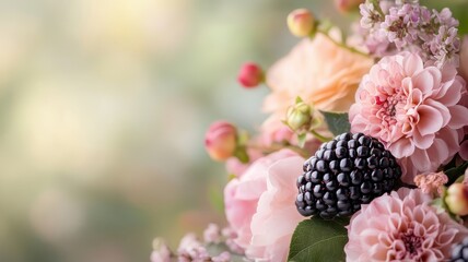 Blackberry surrounded by luxurious, colorful flowers in an opulent setting.