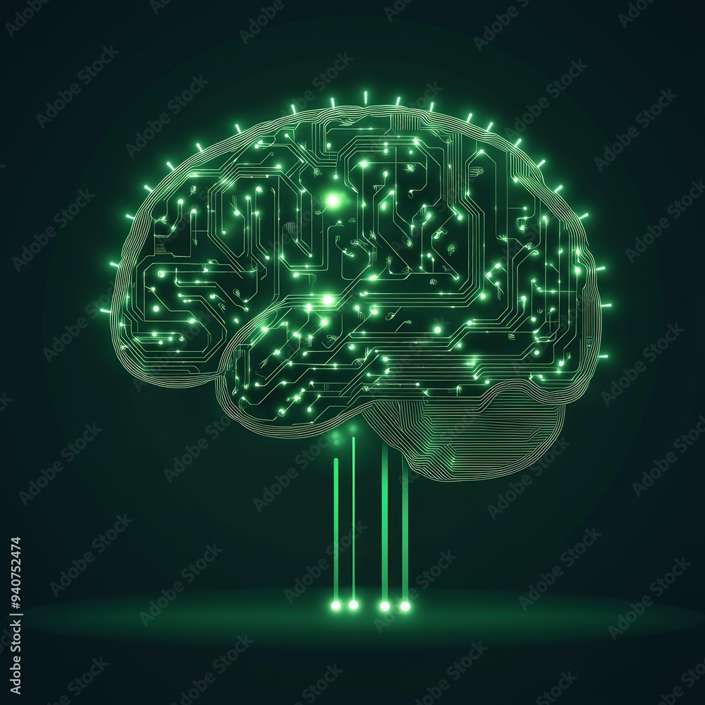 Poster futuristic digital brain with glowing green circuits symbolizing artificial intelligence and innovat
