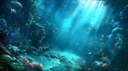 Fototapeta premium A beautiful underwater scene with rays of sunlight shining through the water 